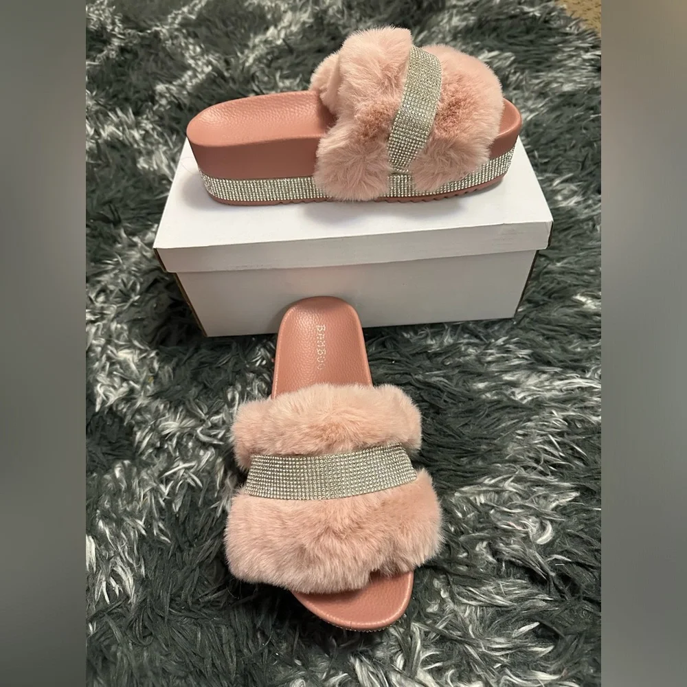 Blush Pink Bling Faux Fur Platforms - Picture 1 of 4